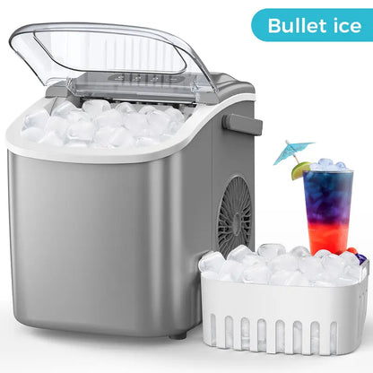 COWSAR Bullet Ice Maker Countertop, Staninless Steel or ABS Plastic, with Self-Cleaning, 26.5Lbs/24Hrs, 6 Mins/9 Pcs Bullet Ice, Portable Ice Maker for Kitchen/Home/Office/Party/Rv