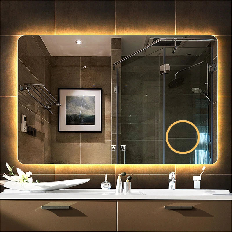 Rectangular Smart Bathroom Mirror with LED Light, Anti-Fog, 5X Magnification, and Dimming Vanity Feature