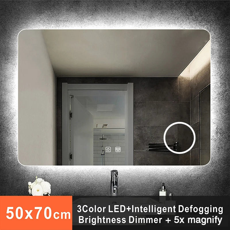 Rectangular Smart Bathroom Mirror with LED Light, Anti-Fog, 5X Magnification, and Dimming Vanity Feature