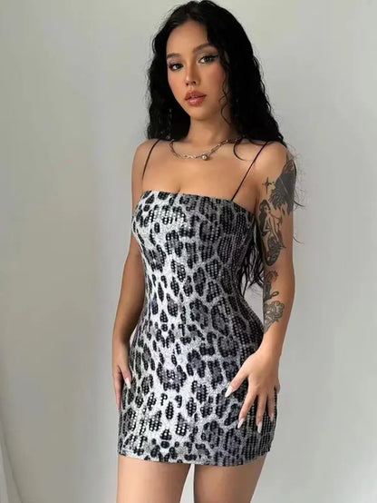 Women'S Leopard Print Backless Sequins Cami Dress, Fashionable Sleeveless Bodycon Mini Dress for Party Club Dating Wear, Summer Dress, Dress for Women, Homecoming Dresses