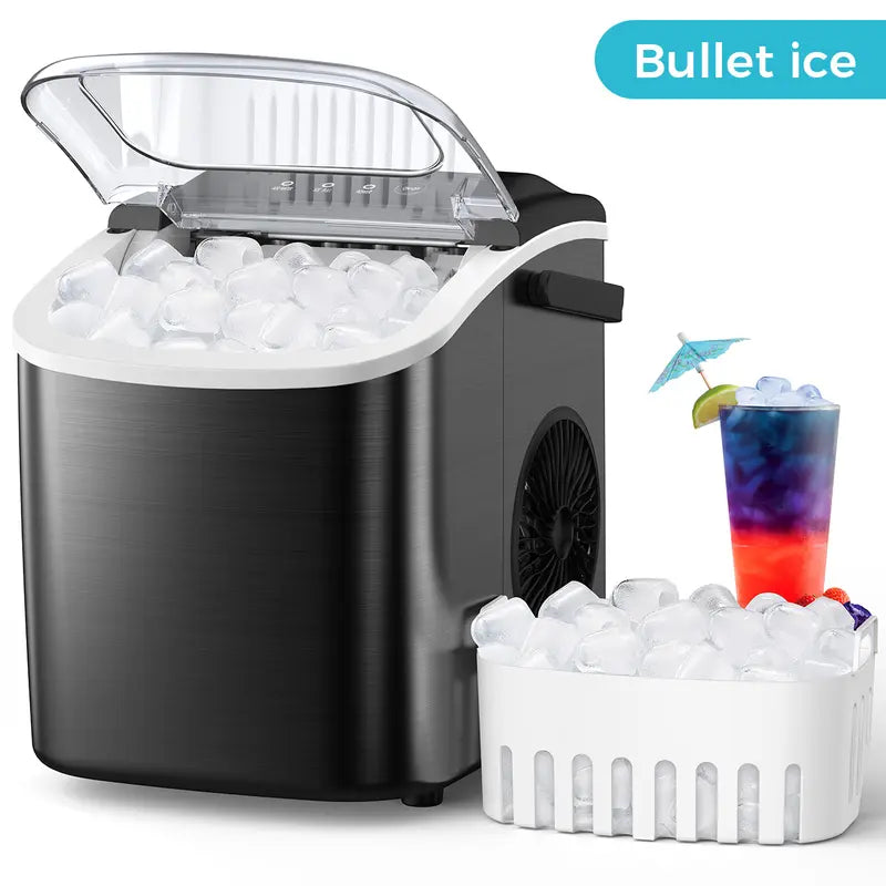 COWSAR Bullet Ice Maker Countertop, Staninless Steel or ABS Plastic, with Self-Cleaning, 26.5Lbs/24Hrs, 6 Mins/9 Pcs Bullet Ice, Portable Ice Maker for Kitchen/Home/Office/Party/Rv