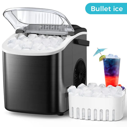 COWSAR Bullet Ice Maker Countertop, Staninless Steel or ABS Plastic, with Self-Cleaning, 26.5Lbs/24Hrs, 6 Mins/9 Pcs Bullet Ice, Portable Ice Maker for Kitchen/Home/Office/Party/Rv