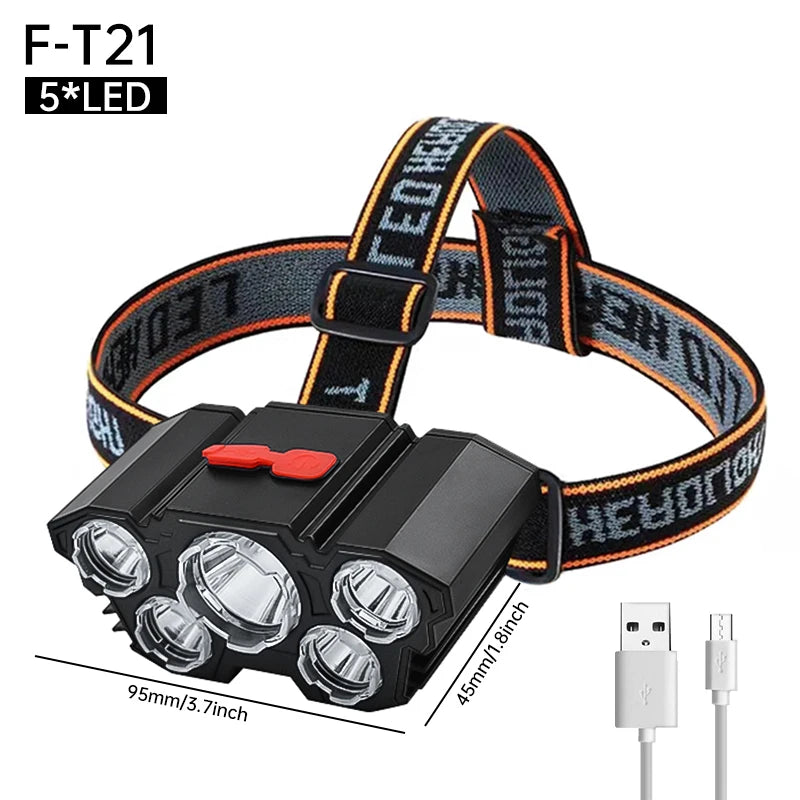 Usb Rechargeable Led Headlight Super Bright 5 Working Modes Headlamp Waterproof Head-Mounted Flashlight for Night Fishing Hiking