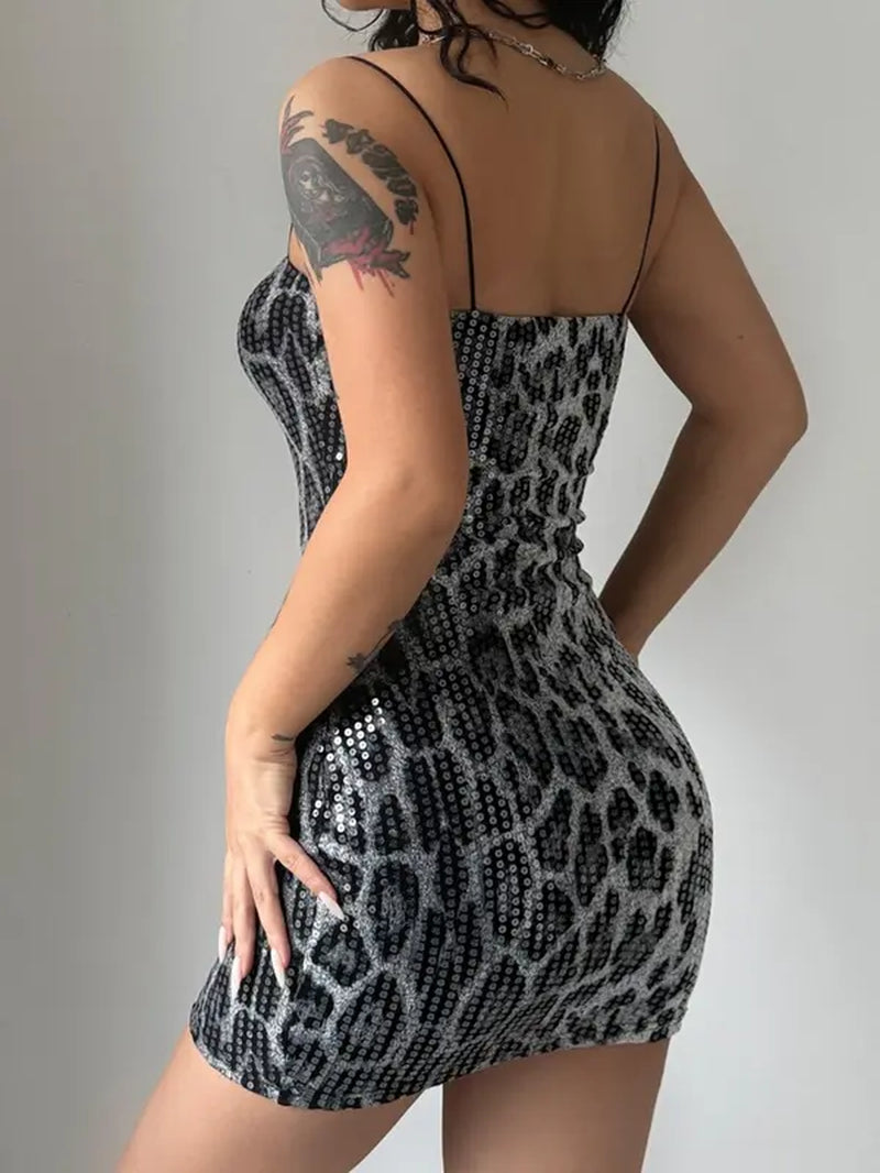 Women'S Leopard Print Backless Sequins Cami Dress, Fashionable Sleeveless Bodycon Mini Dress for Party Club Dating Wear, Summer Dress, Dress for Women, Homecoming Dresses