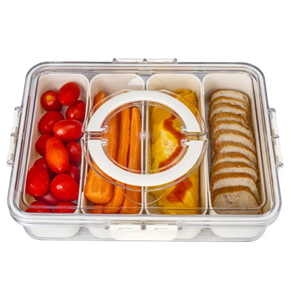 Divided Serving Tray with Lid and Handle - Snackle Box Charcuterie Container for Portable Snack Platters - Clear Organizer for Candy, Fruits, Nuts, Snacks - Perfect for Party, Entertaining