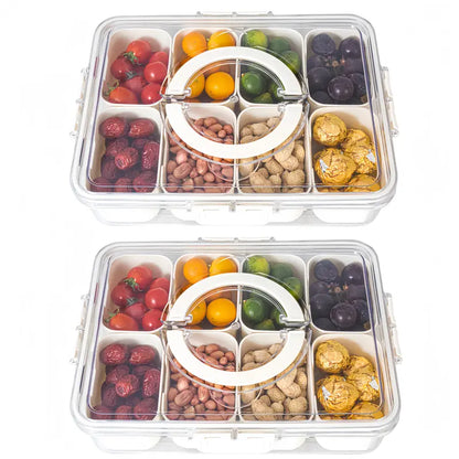 Divided Serving Tray with Lid and Handle - Snackle Box Charcuterie Container for Portable Snack Platters - Clear Organizer for Candy, Fruits, Nuts, Snacks - Perfect for Party, Entertaining