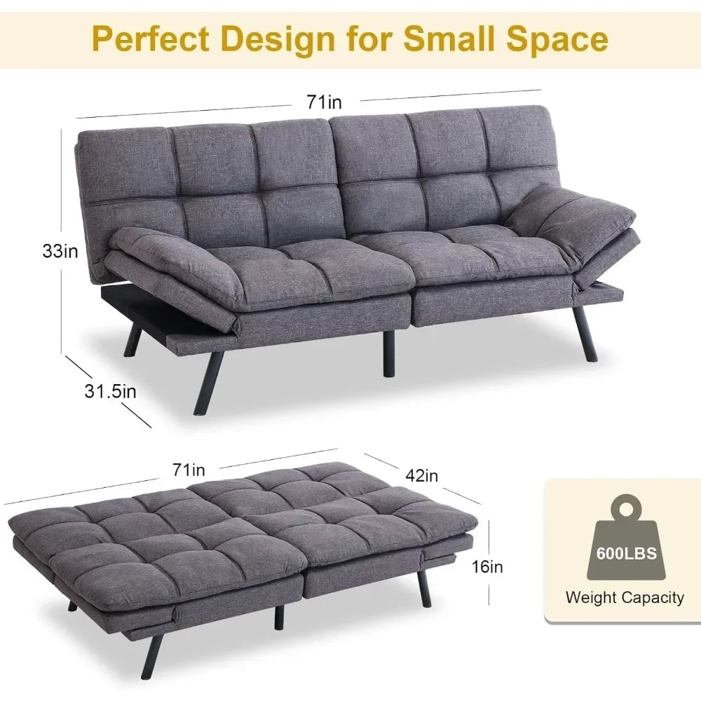 Futon Sofa Bed Memory Foam Convertible Futon Couch Bed Leather Sofa Sleeper Couch Love Seat for Living Room,Adjustable,Grey