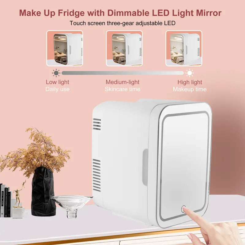 Compact 4L Fridge for Skincare with Dimmable LED Mirror, Cooling/Warming Options, Ideal for Cosmetics, Skincare, and Food Storage, White