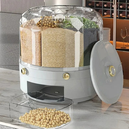 360 Degree Rotating Rice Dispenser Sealed Dry Cereal Grain Bucket Dispenser Moisture-Proof Kitchen Food Container Storage Box