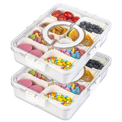 Divided Serving Tray with Lid and Handle - Snackle Box Charcuterie Container for Portable Snack Platters - Clear Organizer for Candy, Fruits, Nuts, Snacks - Perfect for Party, Entertaining