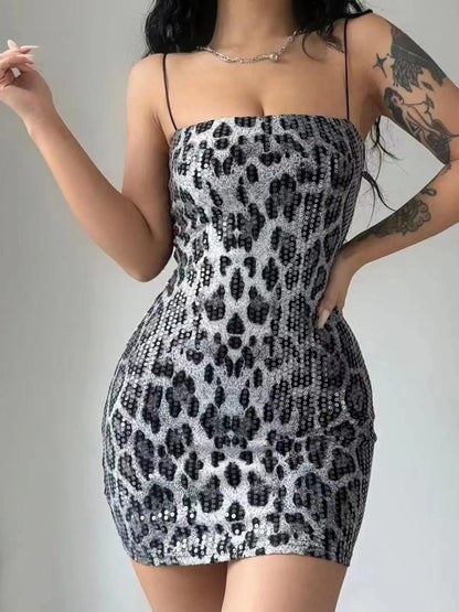 Women'S Leopard Print Backless Sequins Cami Dress, Fashionable Sleeveless Bodycon Mini Dress for Party Club Dating Wear, Summer Dress, Dress for Women, Homecoming Dresses