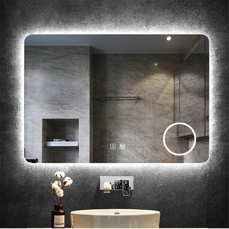 Rectangular Smart Bathroom Mirror with LED Light, Anti-Fog, 5X Magnification, and Dimming Vanity Feature