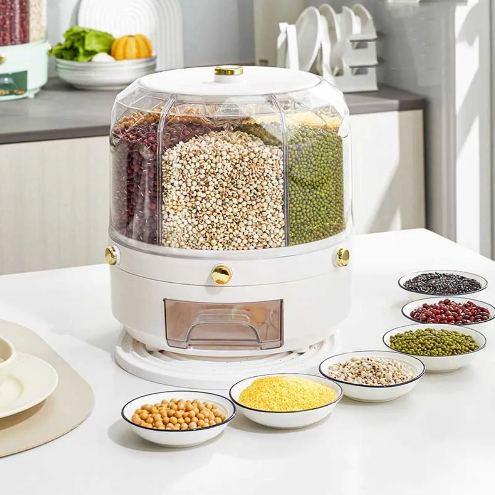 360 Degree Rotating Rice Dispenser Sealed Dry Cereal Grain Bucket Dispenser Moisture-Proof Kitchen Food Container Storage Box