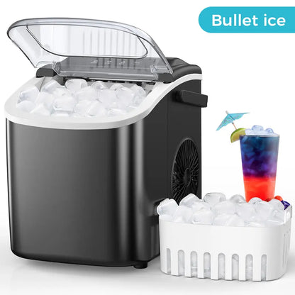 COWSAR Bullet Ice Maker Countertop, Staninless Steel or ABS Plastic, with Self-Cleaning, 26.5Lbs/24Hrs, 6 Mins/9 Pcs Bullet Ice, Portable Ice Maker for Kitchen/Home/Office/Party/Rv