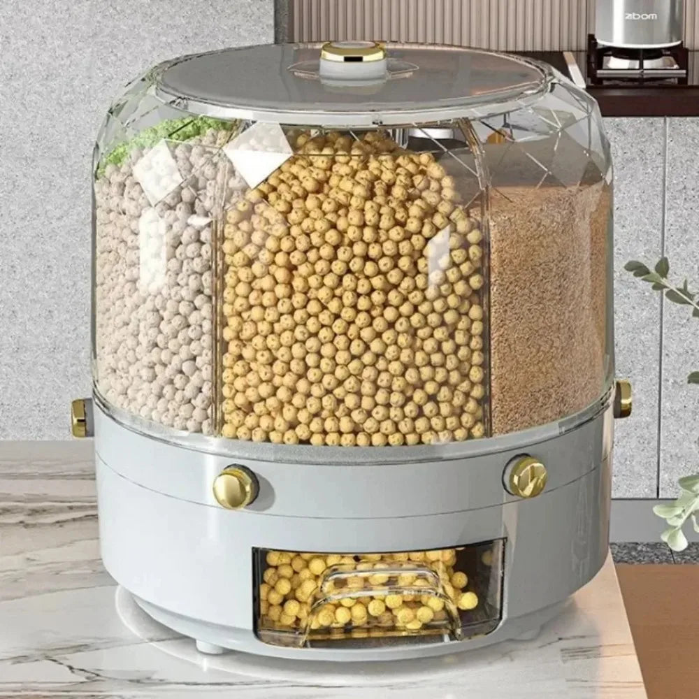 360 Degree Rotating Rice Dispenser Sealed Dry Cereal Grain Bucket Dispenser Moisture-Proof Kitchen Food Container Storage Box