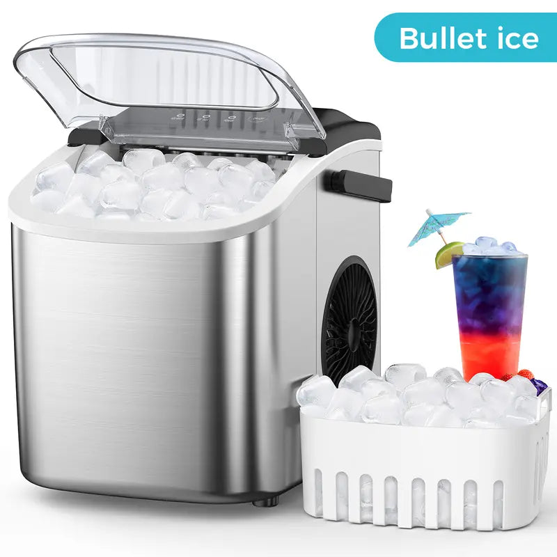 COWSAR Bullet Ice Maker Countertop, Staninless Steel or ABS Plastic, with Self-Cleaning, 26.5Lbs/24Hrs, 6 Mins/9 Pcs Bullet Ice, Portable Ice Maker for Kitchen/Home/Office/Party/Rv