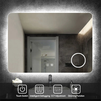 Rectangular Smart Bathroom Mirror with LED Light, Anti-Fog, 5X Magnification, and Dimming Vanity Feature