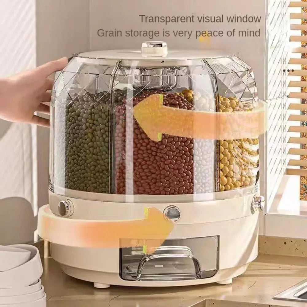 360 Degree Rotating Rice Dispenser Sealed Dry Cereal Grain Bucket Dispenser Moisture-Proof Kitchen Food Container Storage Box