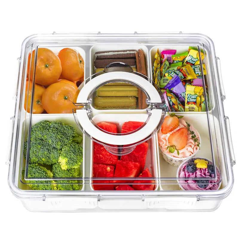 Divided Serving Tray with Lid and Handle - Snackle Box Charcuterie Container for Portable Snack Platters - Clear Organizer for Candy, Fruits, Nuts, Snacks - Perfect for Party, Entertaining