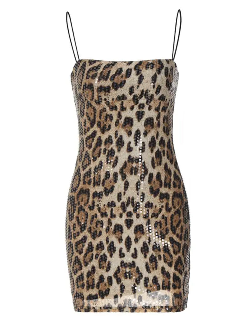 Women'S Leopard Print Backless Sequins Cami Dress, Fashionable Sleeveless Bodycon Mini Dress for Party Club Dating Wear, Summer Dress, Dress for Women, Homecoming Dresses