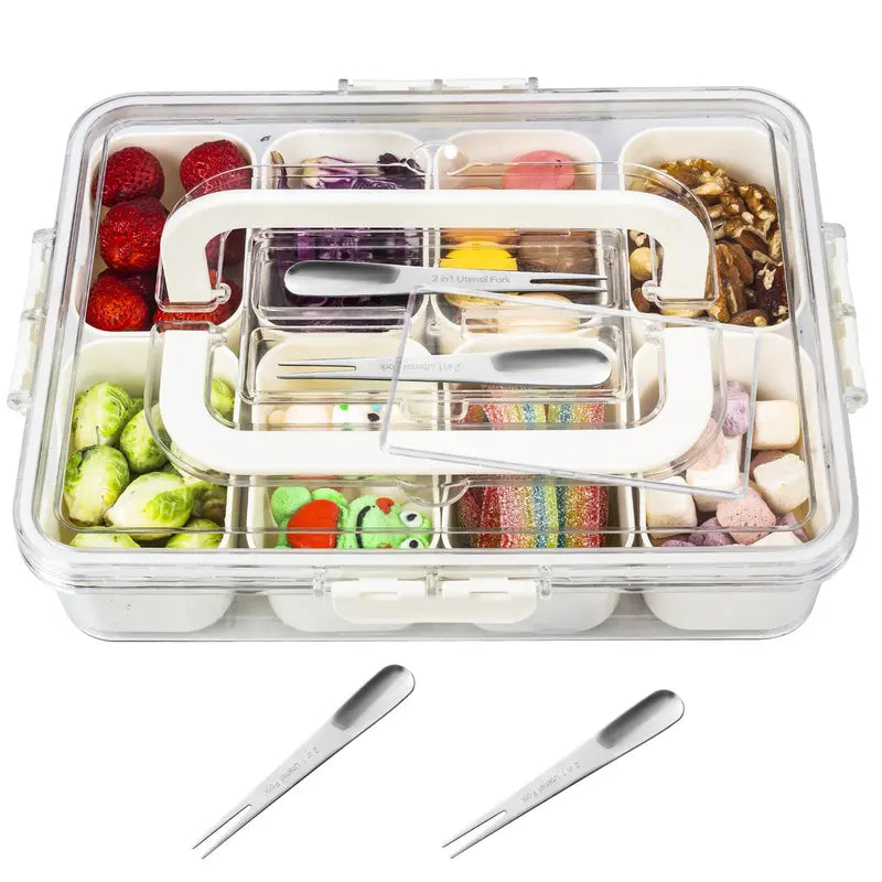 Divided Serving Tray with Lid and Handle - Snackle Box Charcuterie Container for Portable Snack Platters - Clear Organizer for Candy, Fruits, Nuts, Snacks - Perfect for Party, Entertaining