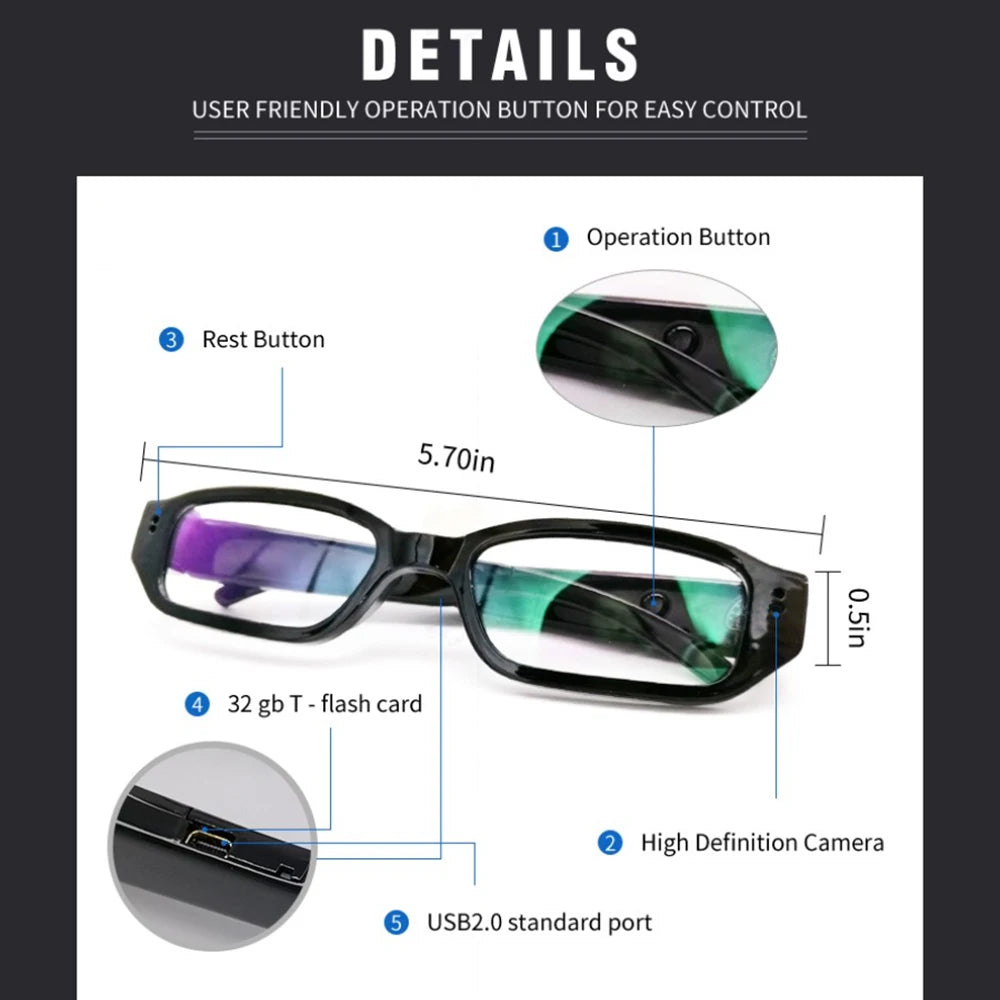 1080P HD Mini Camera Smart Glasses Driving Bike Portable VCR Camera Glasses Sports Camera Glasses Conference Process, Driving