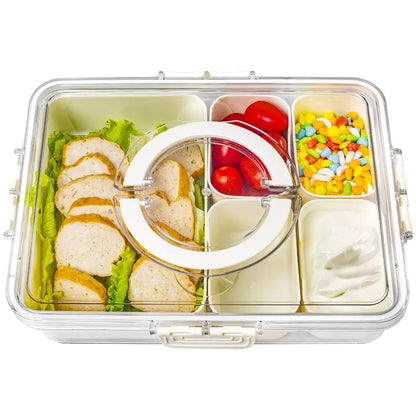 Divided Serving Tray with Lid and Handle - Snackle Box Charcuterie Container for Portable Snack Platters - Clear Organizer for Candy, Fruits, Nuts, Snacks - Perfect for Party, Entertaining