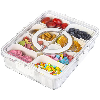 Divided Serving Tray with Lid and Handle - Snackle Box Charcuterie Container for Portable Snack Platters - Clear Organizer for Candy, Fruits, Nuts, Snacks - Perfect for Party, Entertaining