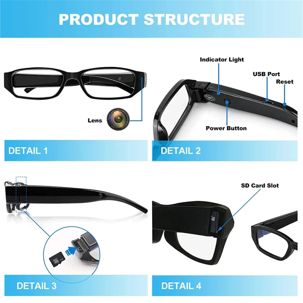 1080P HD Mini Camera Smart Glasses Driving Bike Portable VCR Camera Glasses Sports Camera Glasses Conference Process, Driving