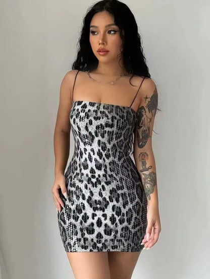 Women'S Leopard Print Backless Sequins Cami Dress, Fashionable Sleeveless Bodycon Mini Dress for Party Club Dating Wear, Summer Dress, Dress for Women, Homecoming Dresses