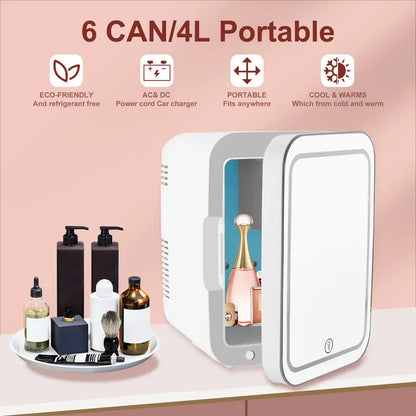 Compact 4L Fridge for Skincare with Dimmable LED Mirror, Cooling/Warming Options, Ideal for Cosmetics, Skincare, and Food Storage, White